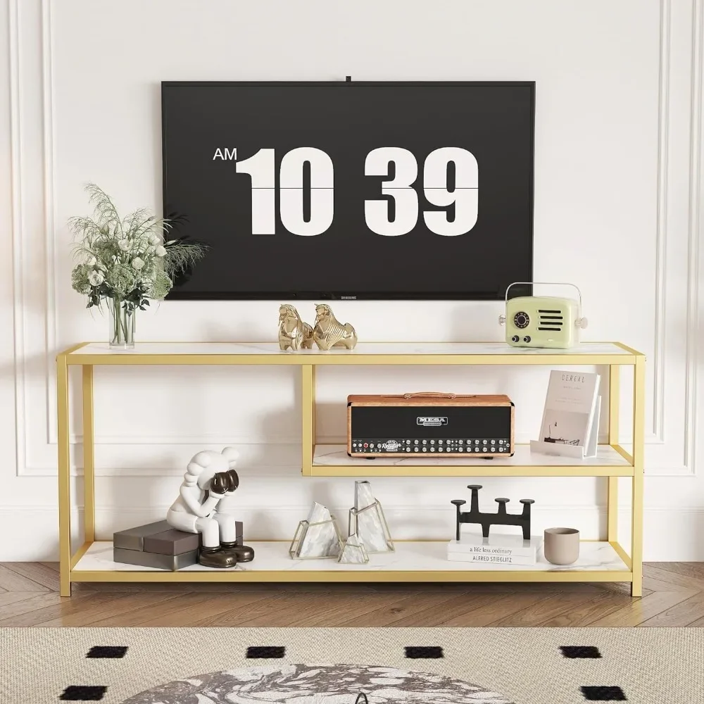 

TV Cabinet Living Room Furniture 47 Inch Modern TV Table with Faux Marble Countertop Gold Metal Legs Free Shipping