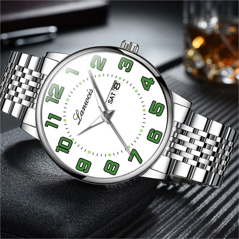 Men's Large Dial Gold Black Waterproof Digital Watch with Solid Steel Strap and Dual Calendar