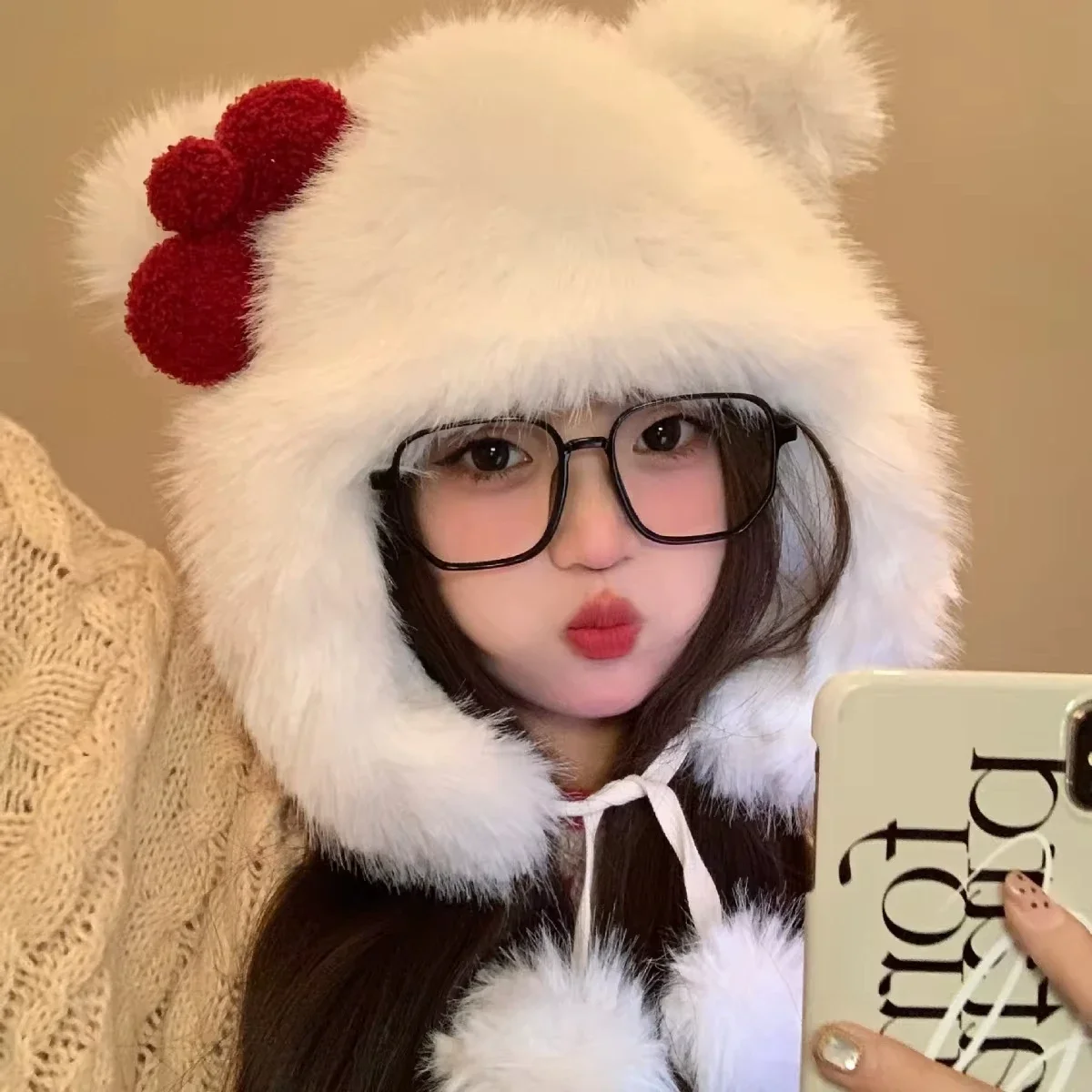 Kawaii Hello Kitty Korean Sweet Bow Plush Bomber Cap Winter Women Keep Warm Windproof Ear Protection Cute Christmas Gift
