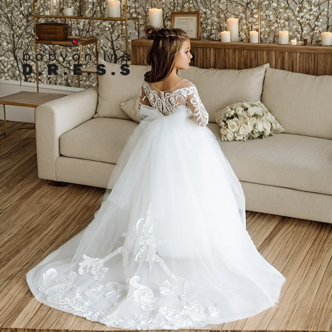 BABYONLINE Holy White Communion Dress Long Sleeve Lace and Floral on Bodice Top Sequins Tulle-Skirt Flowy A-line Gormal Gown flower girl dresses floral appliqu&eacute; dress girls dresses