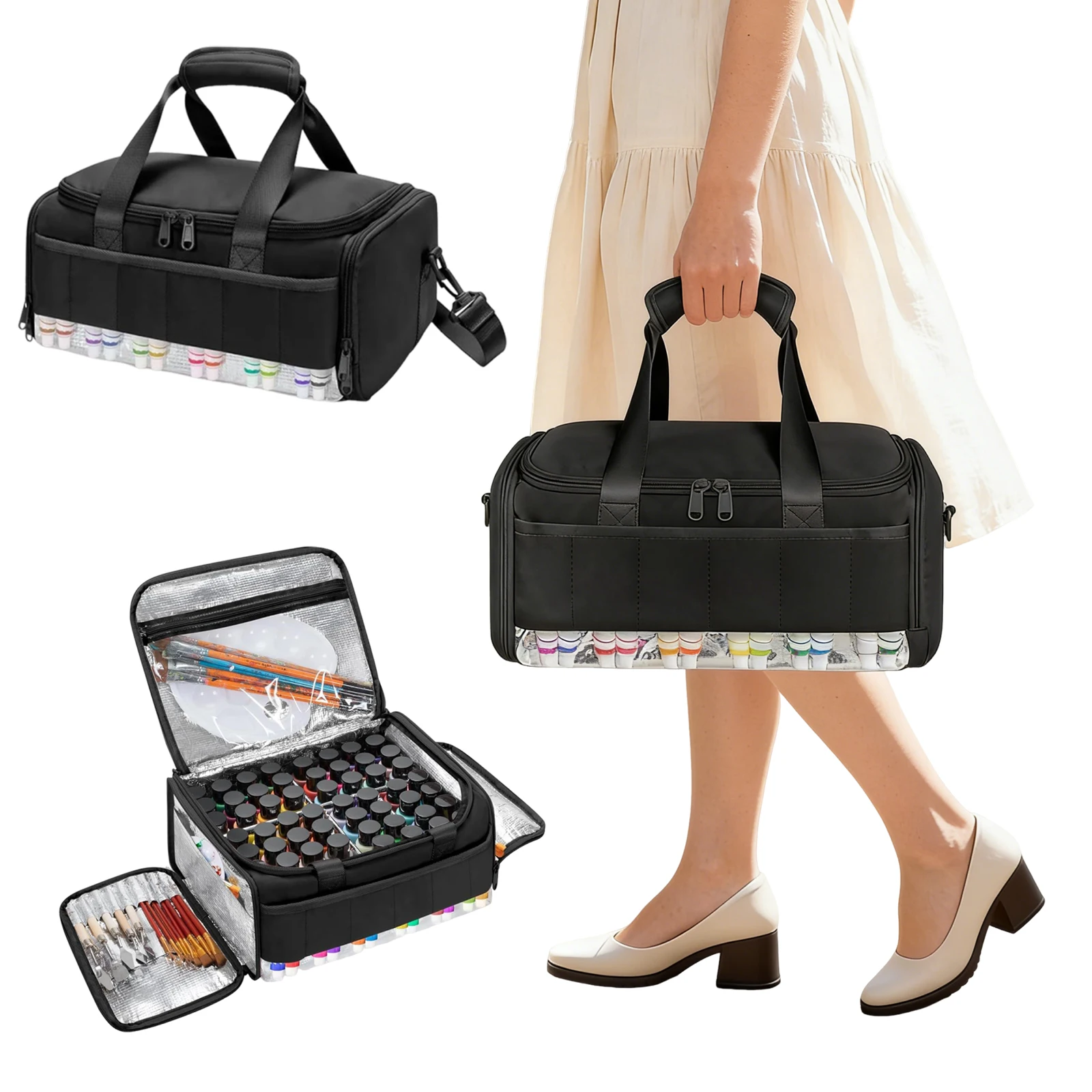 아크릴 페인트 정리함, 60병(2온스) 수납 가능, 어깨끈과 손잡이가 있는 미술용품 휴대 가방, 예술가에게 이상적