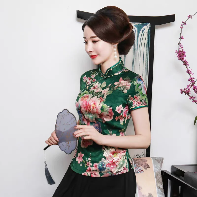Women Chinese Shirt 3XL-5XL Short Sleeve Cotton Mandarin Collar Print Flower