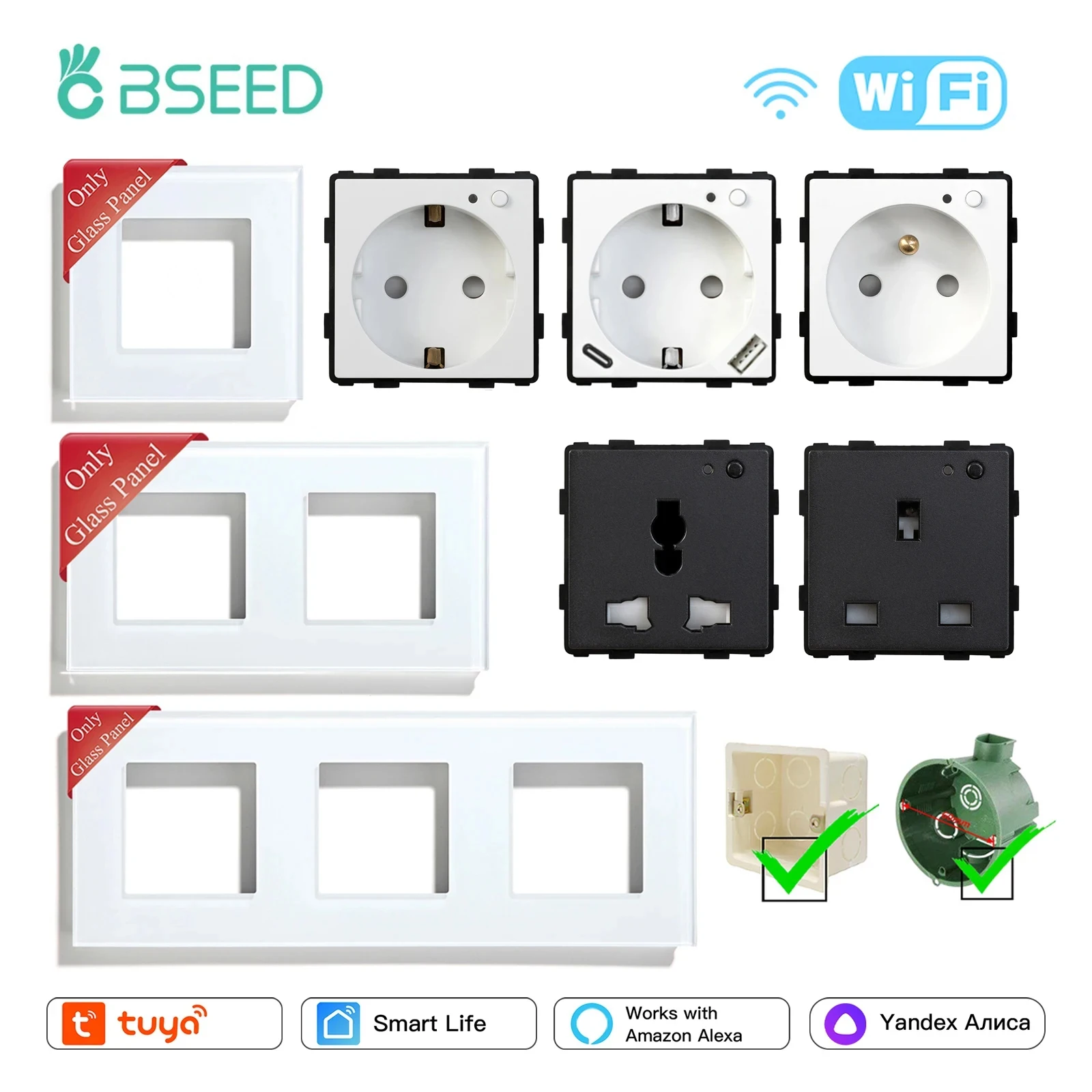 Bseed-peças Universais de Tomada Monitor de Alimentação Molduras de Vidro Faça Você Mesmo Tuya Smart Life App Wi-fi ue fr Reino Unido