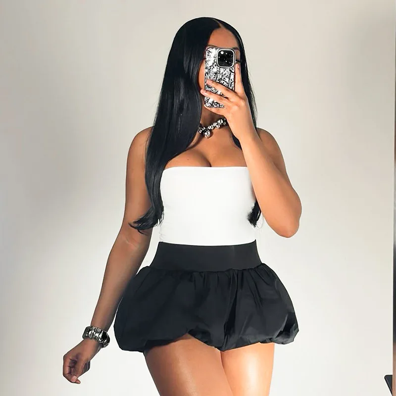 Crop Top 2 Piece Skirt Sets Elegant Luxury Mini Puff Dress 2024 Summer Clothing Sexy Club Outfit Two Piece Pleated Skirt Sets