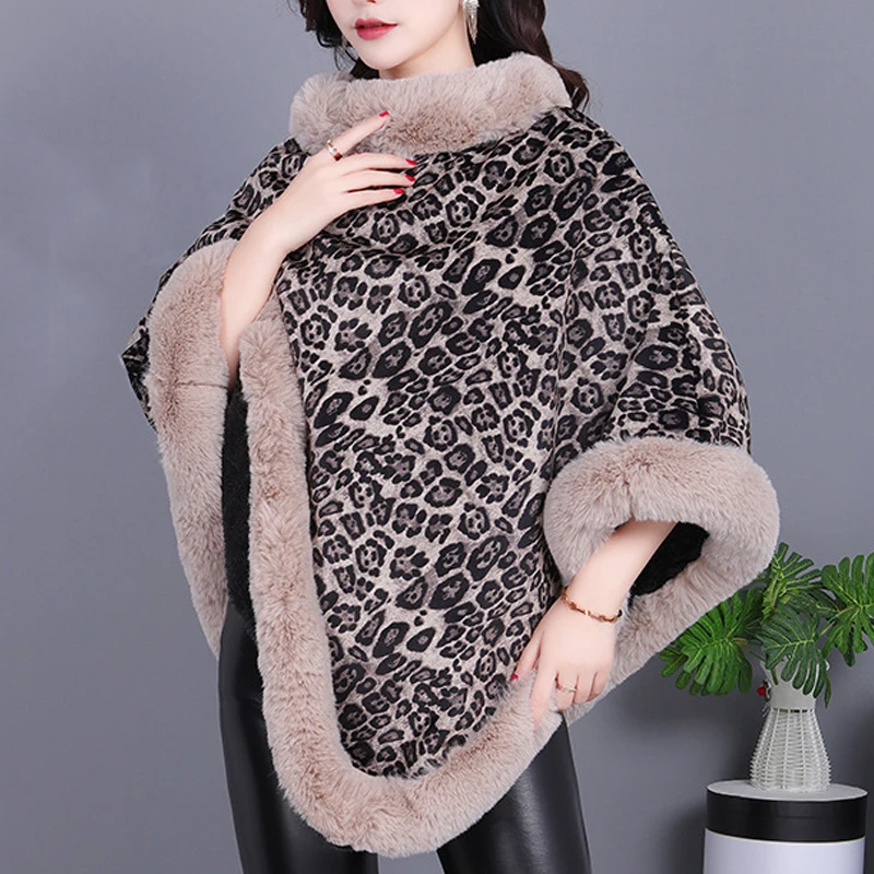 

Fashion Leopard Soft Faux Rabbit Fur Poncho Coat Thicken Warm Fluffy Lining Pullover Cape Women 2023 Winter Wraps Shawl Outwear