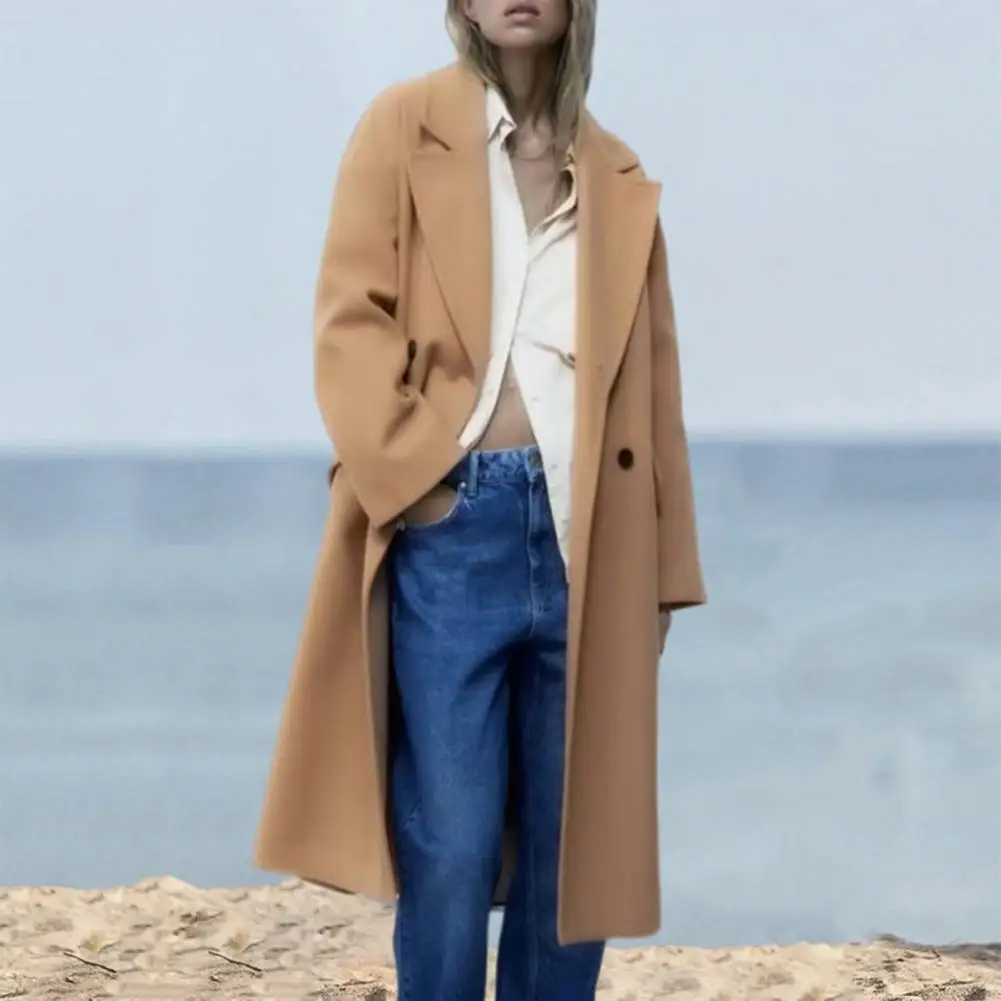 

Women Autumn Coat Stylish Women's Double-breasted Trench Coat Warm Solid Color Mid Length Jacket with Pockets Fall/winter