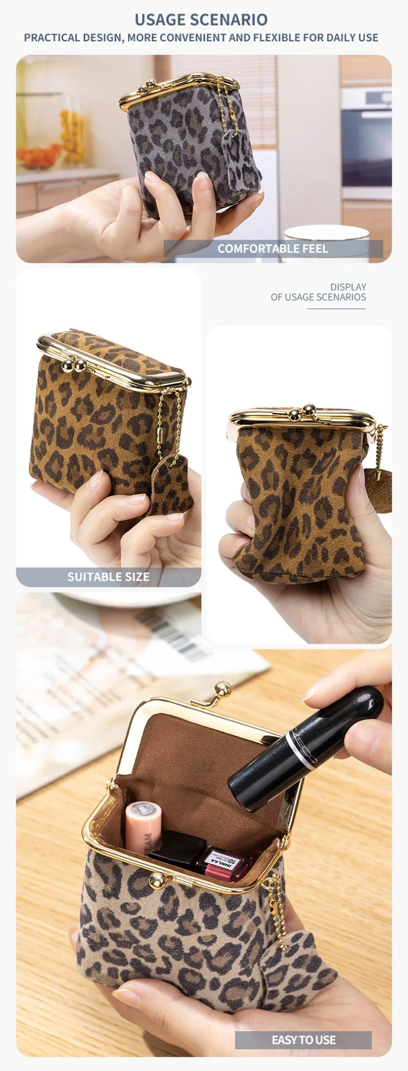 Leopard print leather coin purse in use