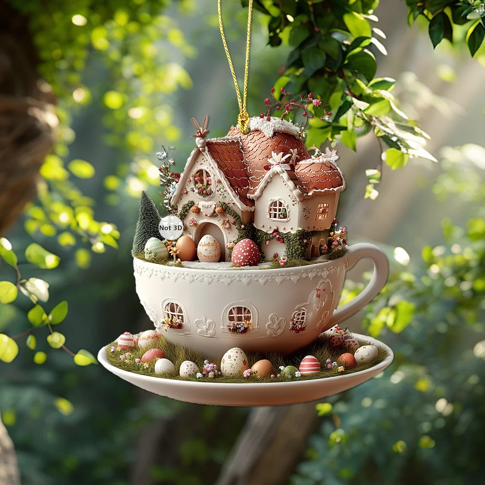 Easter Coffee Cup Ornaments Cartoon Bunny Egg House Coffee Mug Decorative 2D Acrylic Ornaments 2025 Spring Party Supplies NEW 5