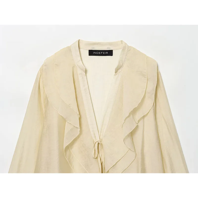 Chic Sexy Women Translucent Ruffles Blouses 2025 New Fashion V-neck Bow Tied Shirt Causal Tops Beach Style Solid Shirts