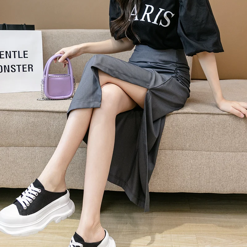 Skirt Women's Fashion 2022 Real Shot Summer New Design Pleated Split Skirt Midlength Highwaist
