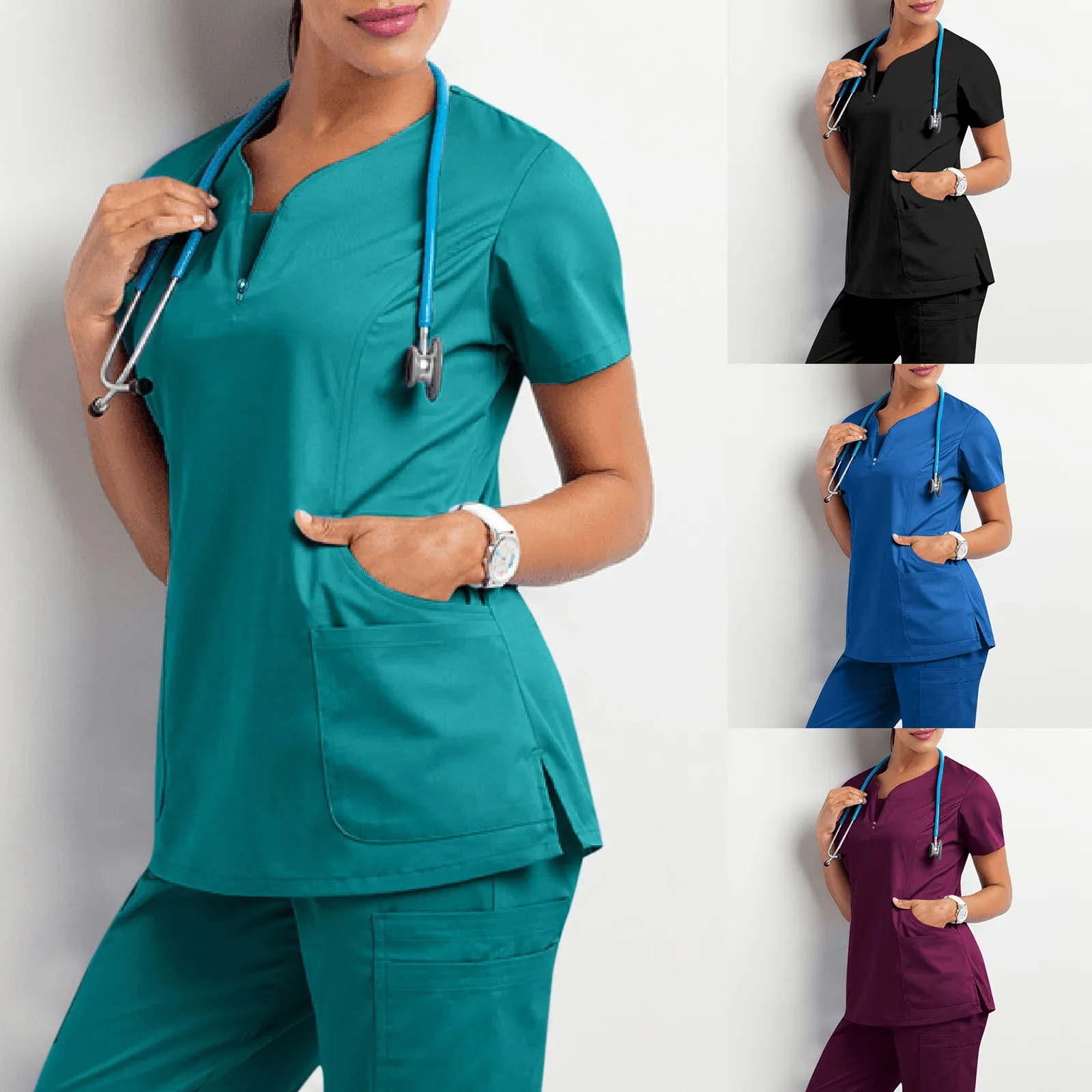 

Women Short Sleeve Scrub Tops Solid Nurse Uniform V-Neck Pocket Care Workers T-Shirt Tops Clinic Beauty Salon Working Clothing