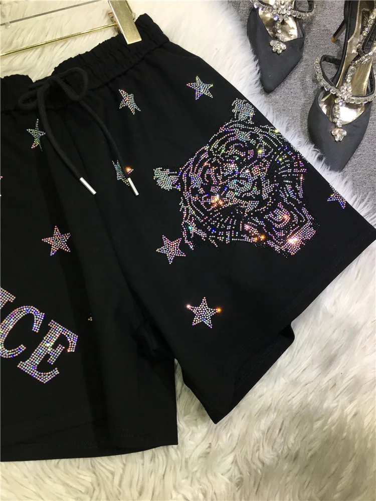 Heavy Embroidery Hot Drilling Shorts Women 2024 Spring Summer Cartoon Leopard Black Casual Sports Shorts Wide Leg Pants Female