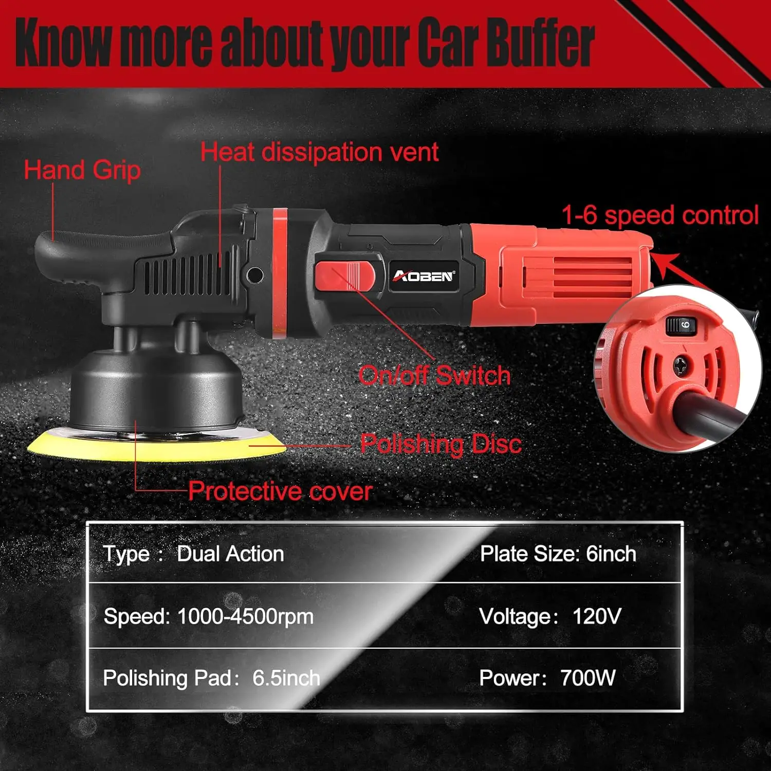 Car Buffer Polisher 6 inch Dual Action Polisher Random Buffer kit with 6 Variable Speed 1000-4500rpm