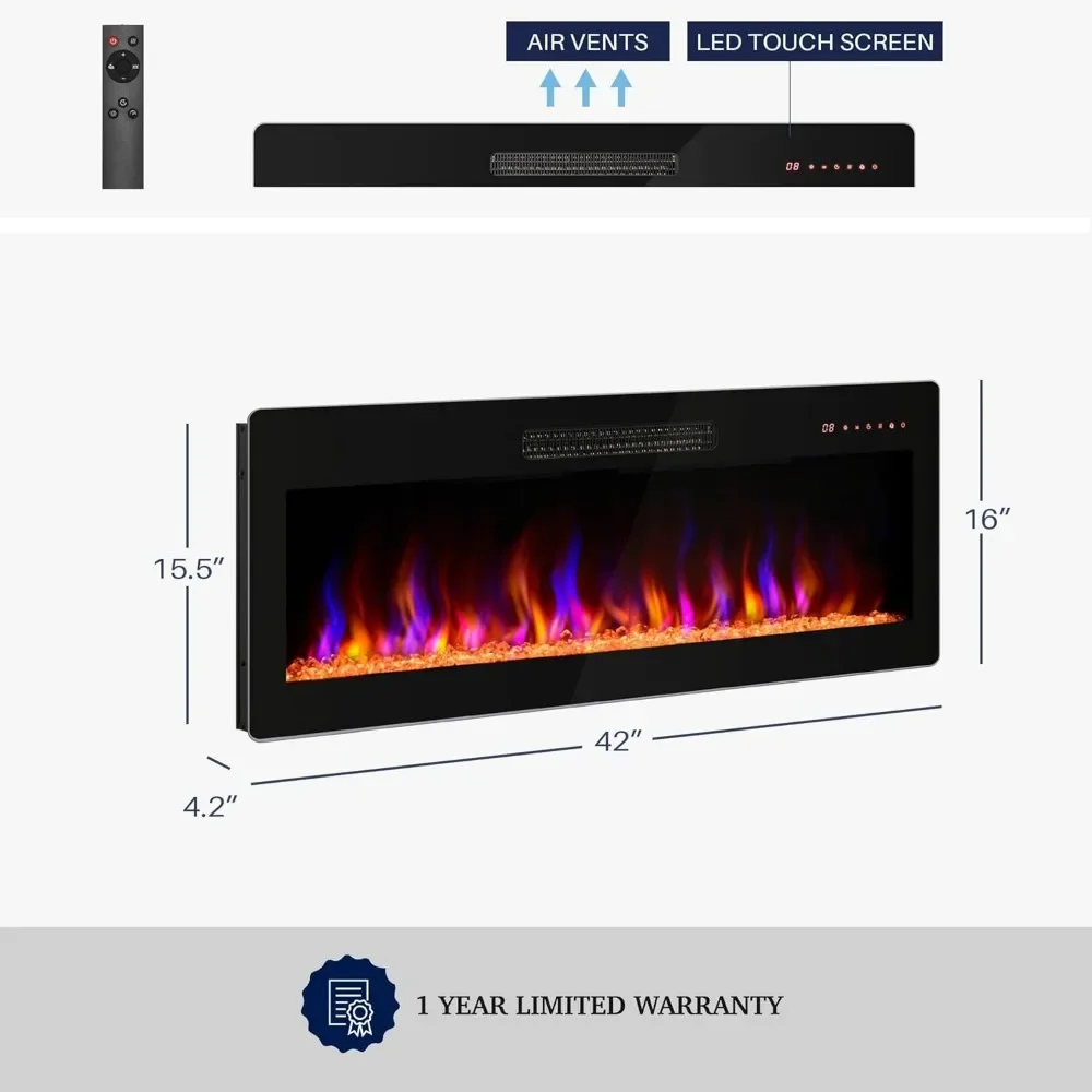 Electric Fireplace, Heater with Adjustable Flame Color and Brightness, Touch Screen, Recessed & Wall Mounted Electric Fireplaces 2