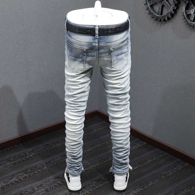Street Fashion Men Jeans Retro Washed Blue Elastic Stretch Skinny Fit Hole Ripped Jeans Men Patched Designer Hip Hop Brand Pants