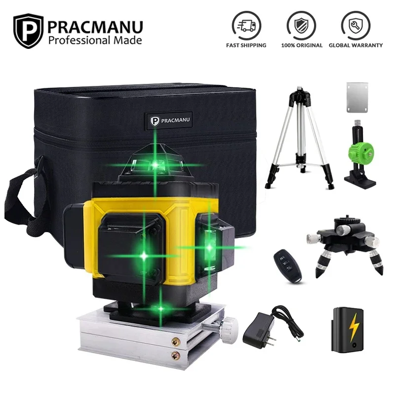 Pracmanu 16 Lines 4D Laser Level 360&deg; Horizontal and Vertical Cross Green Lines Auto Self-Leveling APP Remote Control laser level