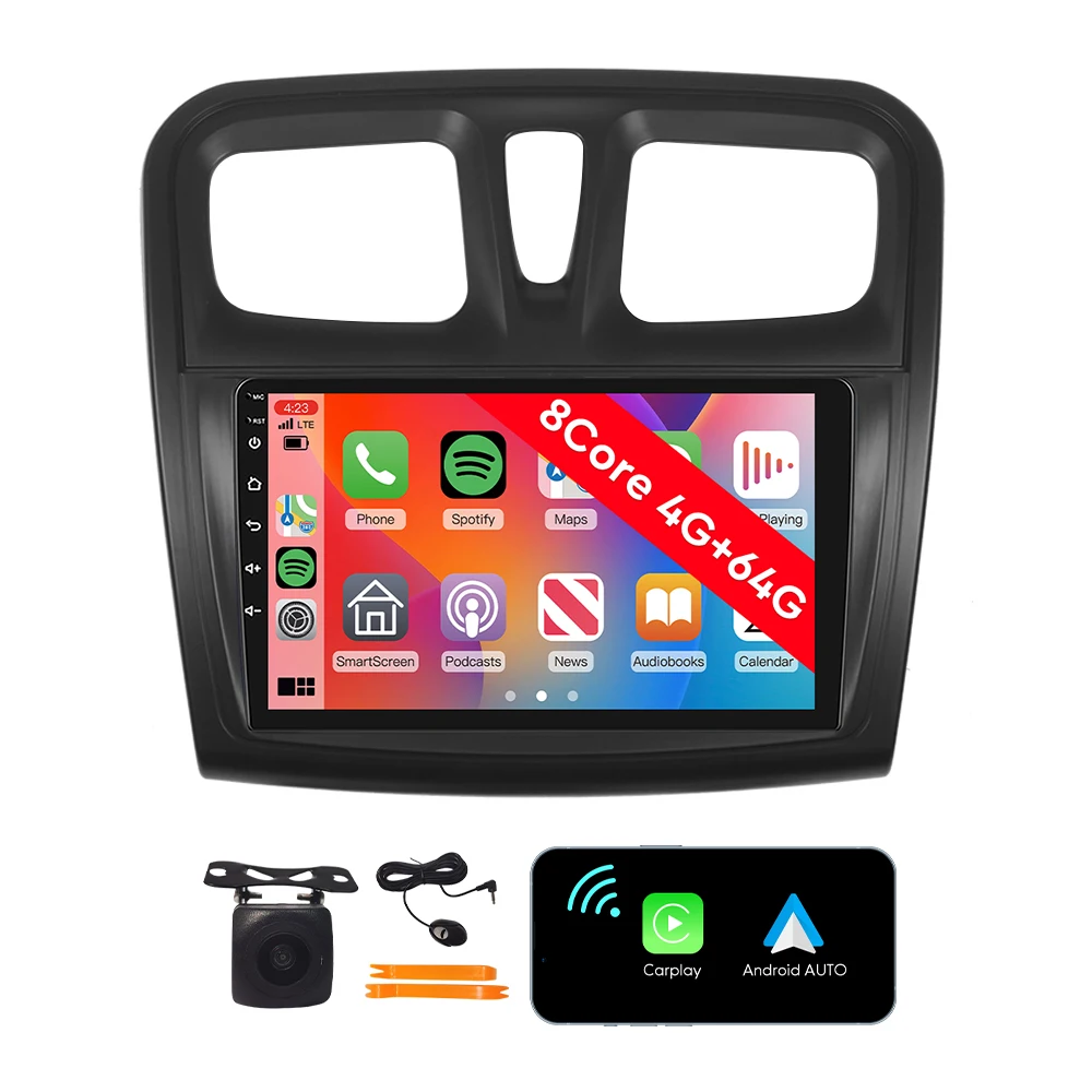 Fuluku 2+64G Android Autoradio per Renault Dacia SANDERO II B52 2012-2019 Wireless Carplay Android Auto, 9'' IPS Touchscreen Radio con Bluetooth/GPS/ Telecamera di Retromarcia/FM/WiFi/SWC/26UI