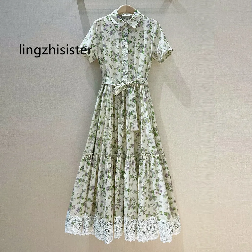 

Women Cotton Dress Long Dresses Floral Short Sleeve Dresses 2023 Summer Turn-Down Collar With A Belt Expansion Bottom Long New