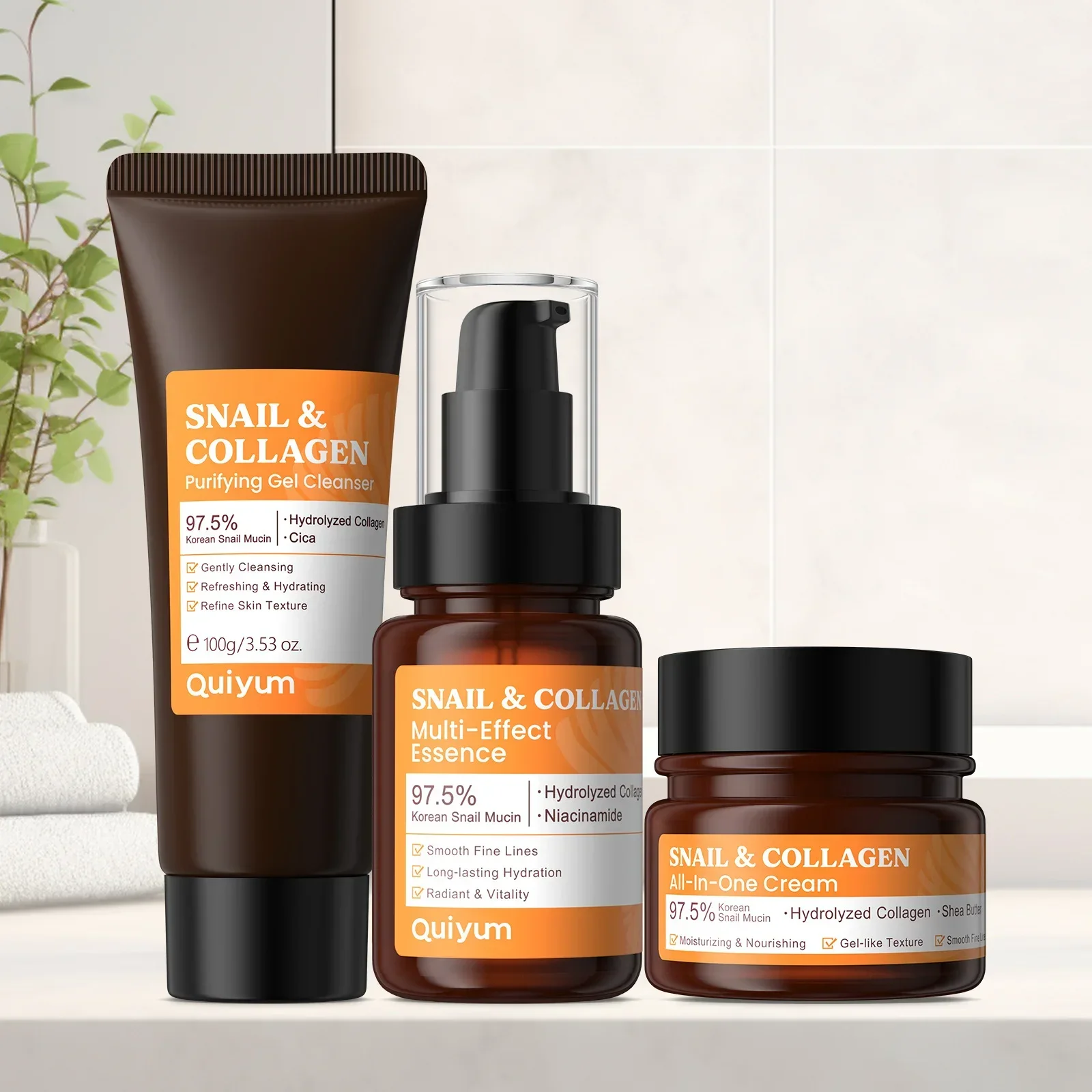 Quiyum 3 Step Set 97.5% Snail Mucin Collagen Hydrating Glowing Skin Korean Skincare