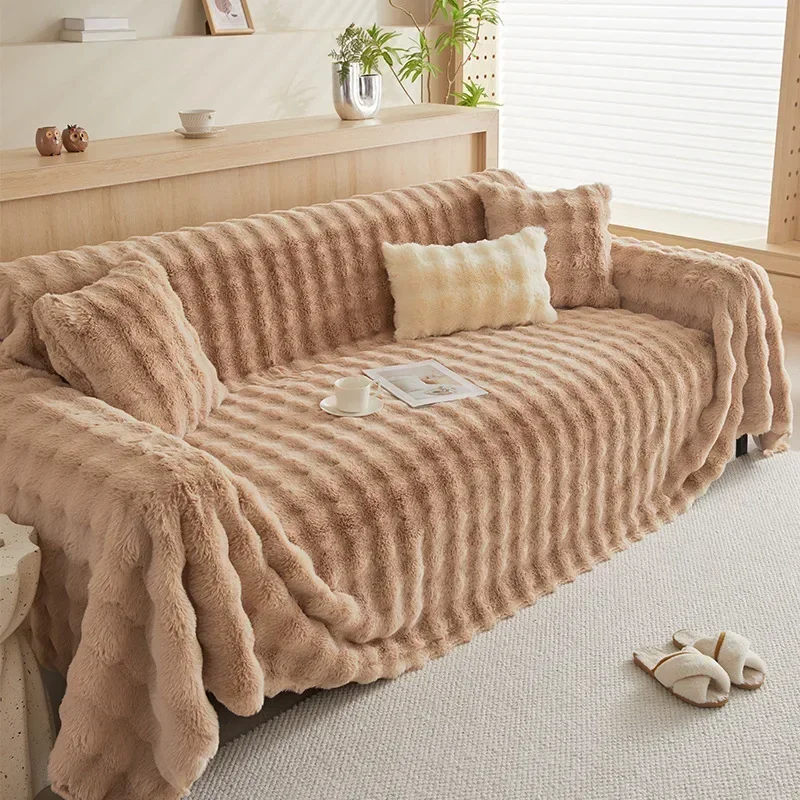 Sofa Cover Towel Imitation Rabbit Plush Universal Non-slip Soft for Living Room Winter