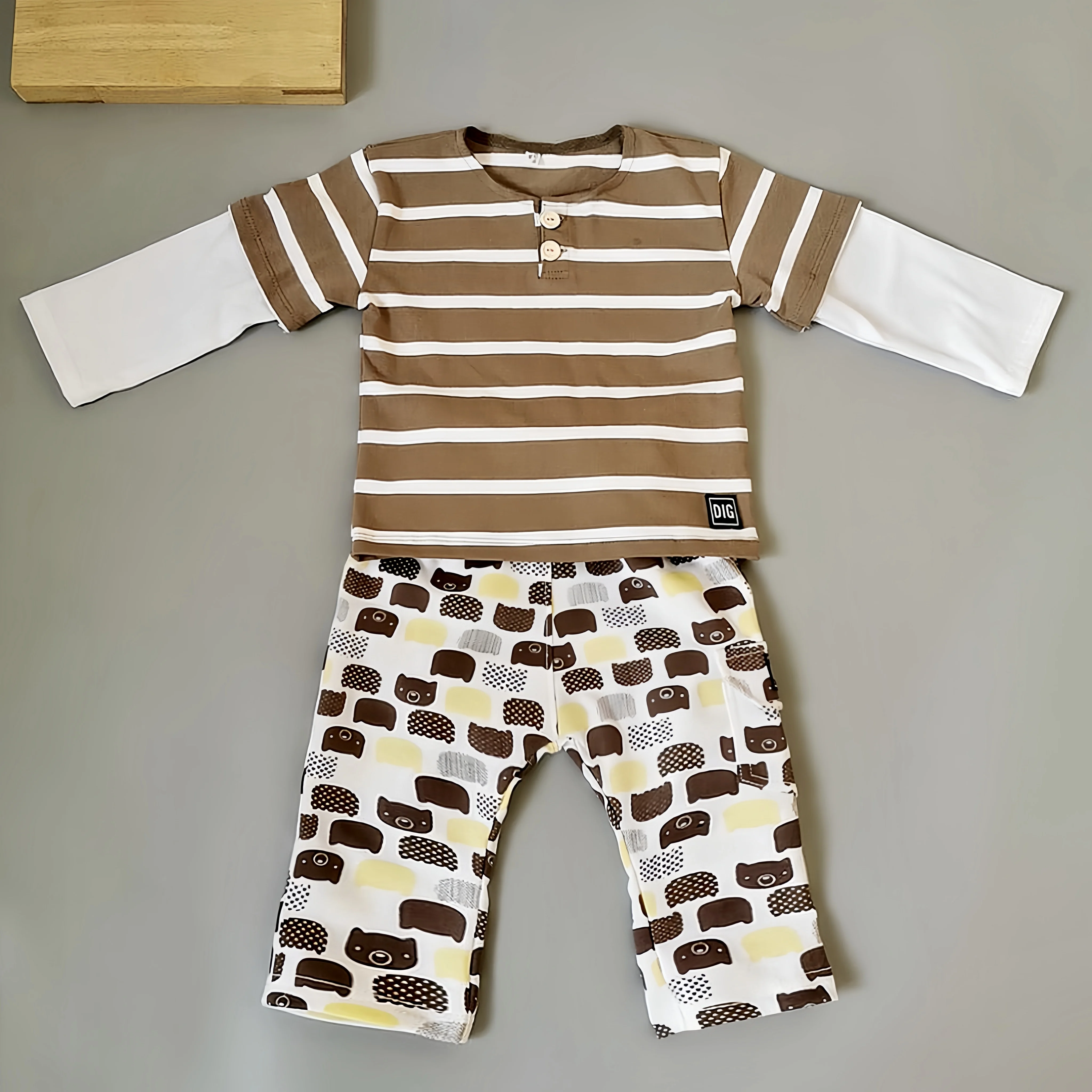 Brown Stripes Long Sleeve Polo-Shirt for Kids Boy Autumn Cotton Tops