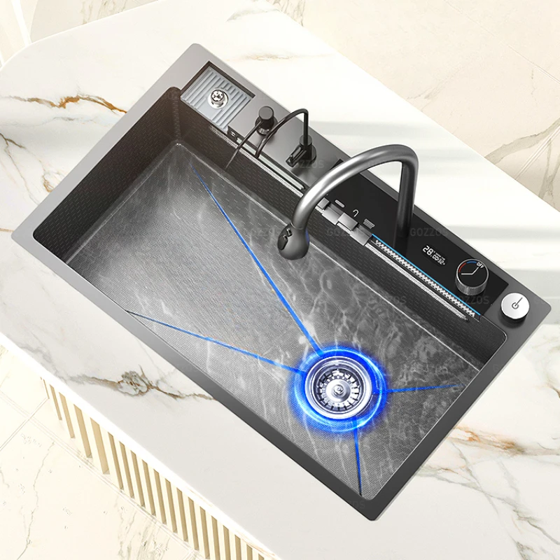 

Feiyu Waterfall 304 Stainless Steel Sink Kitchen and Household Dishwashing Sink Nano Embossed Thickening