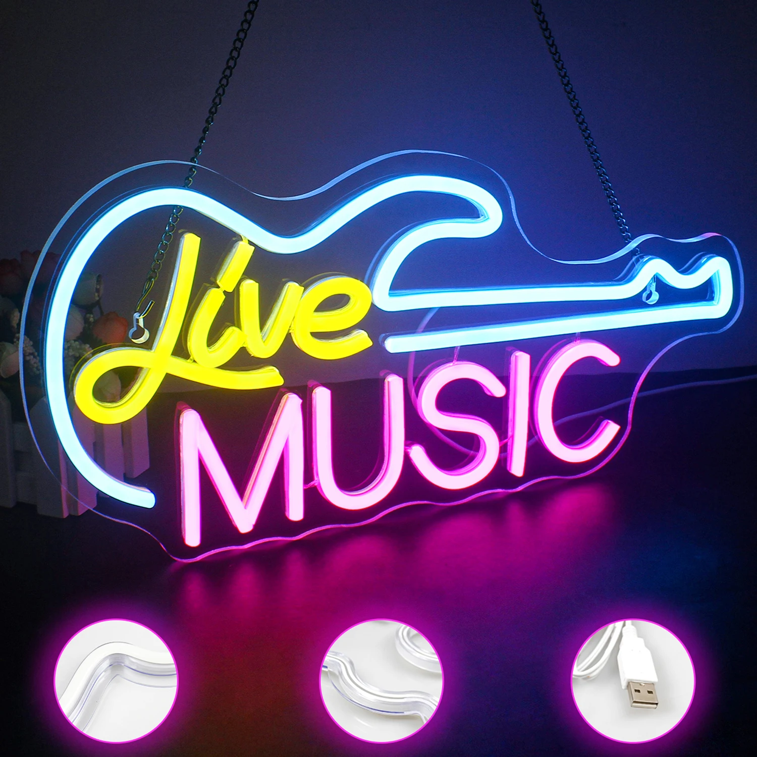 Guitarra Live Music Neon Signs, Decoração de parede, Quarto, LED Light up Sign, USB para música, Festa, Bar, Clube