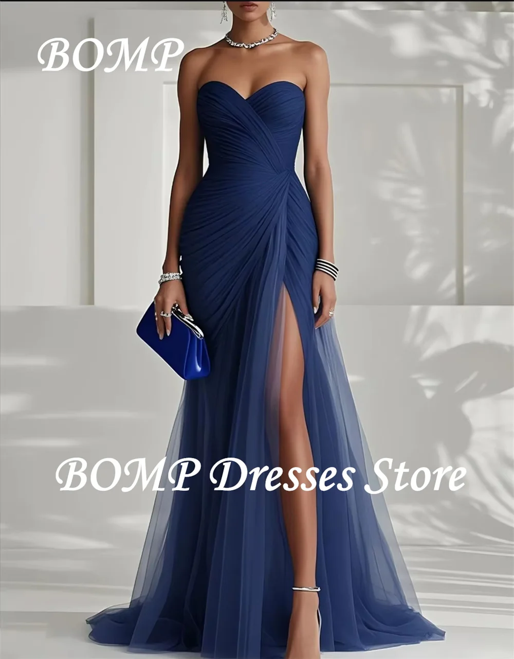 فساتين سهرة نسائية أنيقة ومثيرة باللون الأزرق السماوي من BOMP على شكل قلب بدون حمالات بفتحة عالية للحفلات الراقصة فساتين رسمية مخصصة
