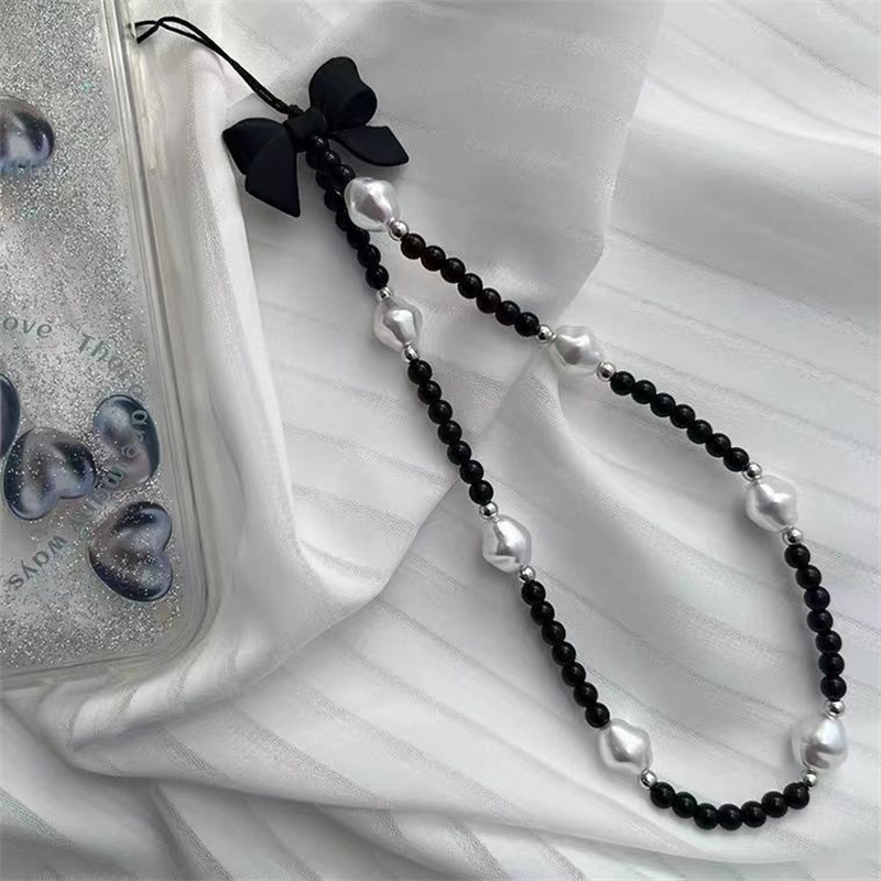 Korean Cute 3D Black Bow White Bead Beaded Phone Chain Charm Lanyard For iPhone CCD Hanging Rope Girl Jewelry Pendant Decoration