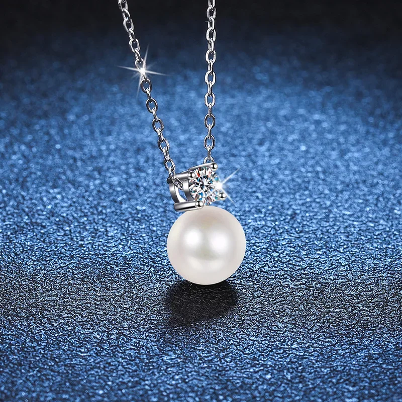 925 Sterling Silver 0.5 Carat Moissanite Pearl Necklace Clavicle Chain For Ladies pendant necklace silver necklace moissanite necklace