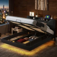 Кровать с мягкой обивкой, Кровать для хранения со светодиодной подсветкой, USB-розетка, стержень для давления воздуха, Изголовье двуспальной кровати с местом для хранения вещей, Черный