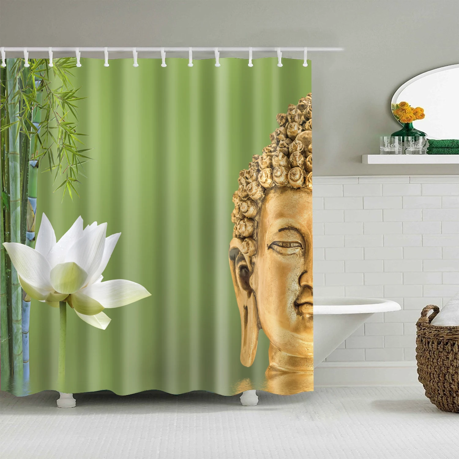 Rural Landscape Creek Stone Lotus Buddha Shower Curtain Bathroom Curtain Frabic Waterproof Polyester Bath Bathtub Screen