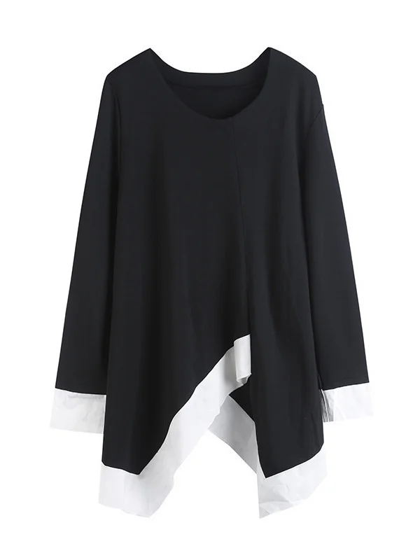 [Vibe] Women White Contrast Color Split Big Size T-shirt New Round Neck Long Sleeve Fashion Tide Spring Autumn 2025