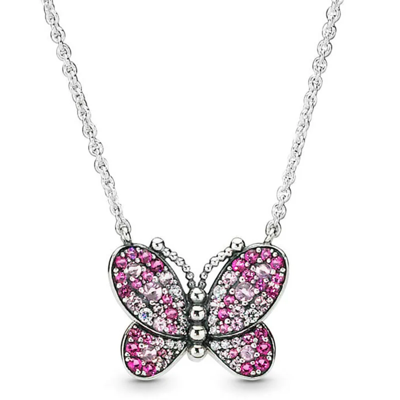 

Authentic 925 Sterling Silver Moments Dazzling Pink Butterfly With Crystal Necklace For Women Bead Charm Diy Fashion Jewelry