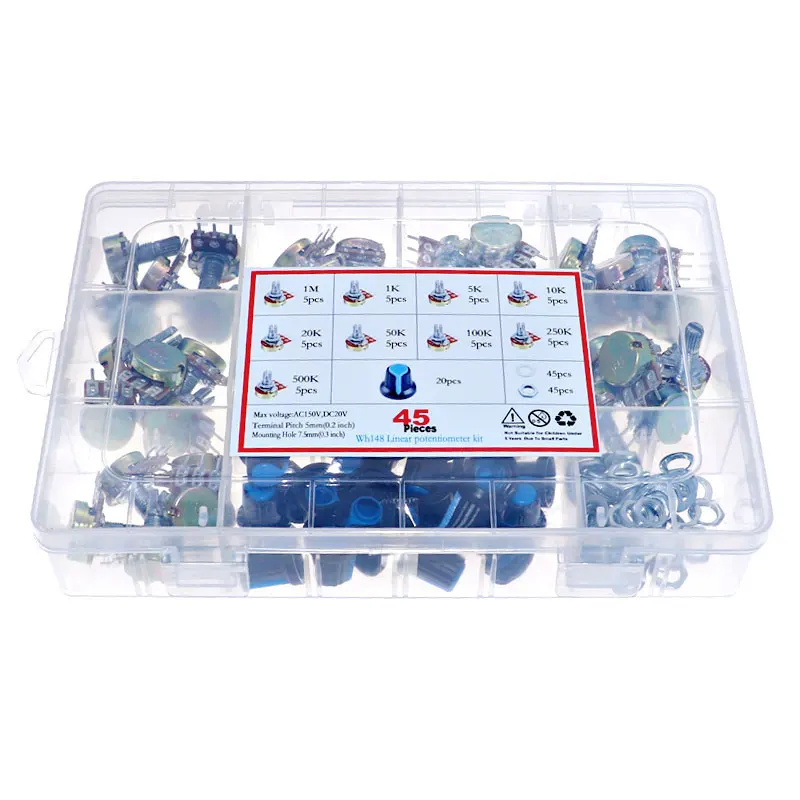 45Pcs WH148 Single Potentiometer Assorted Kit B1K/5K/10K/20K/50K/100K/500K/1M with knobs Single potentiometer set Shaft Nuts