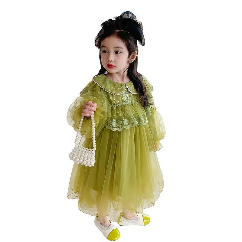 

Baby Girls Dress Green Beige Color Mesh Princess Costumes New Spring Autumn Newborn Long Sleeve Clothes 2 3 4 5 7 9Years Toddler