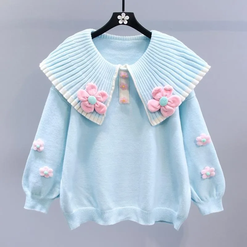 

2023 Autumn Winter New Sweet Soft Glutinous Pull Femme Peter Pan Collar Stereo Flower Sweater Y2k Age Reducing Chic Knit Jumpers