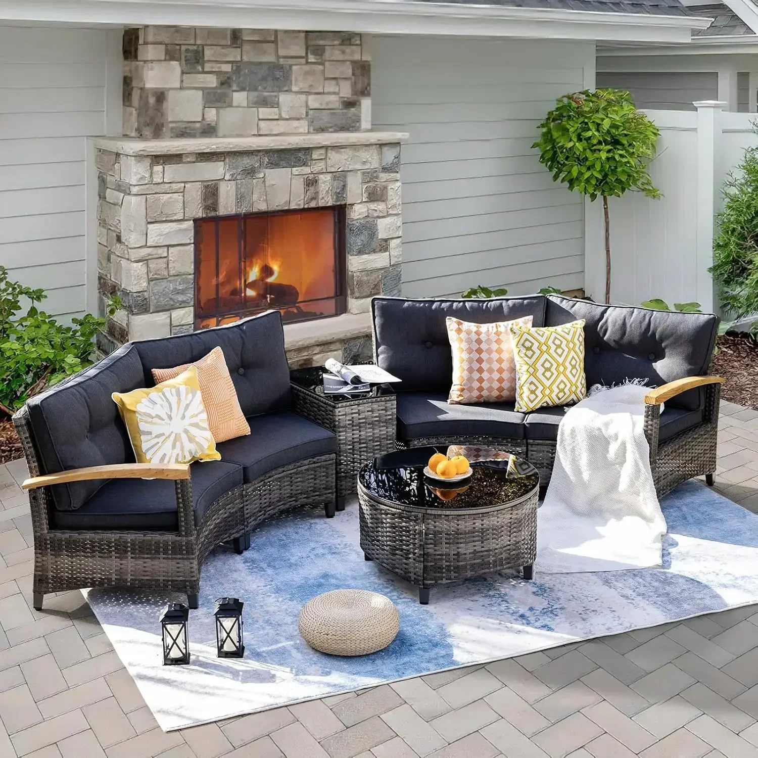6 Piece Outdoor Patio Furniture Set, Conversation Set with Wood Armrests, Tempered Glass Round Coffee Table & Side Table（Grey）
