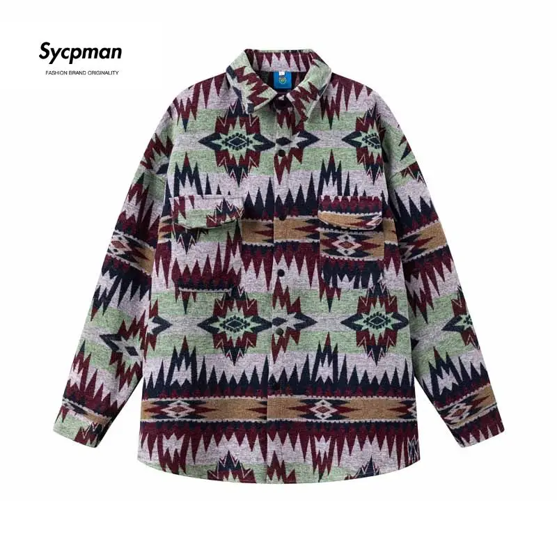 

Sycpman Retro Ethnic Style Thickened Woolen Long Sleeved Shirt Autumn and Winter Couples Loose Casual Coat Streetwear for Men