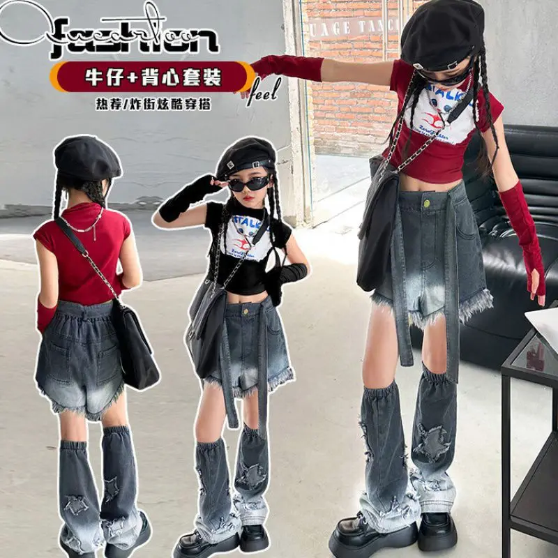 

Kid Cute Hip Hop Clothing Red Crop Top T Shirt Casual Denim Raw Hem Jeans Shorts Leg Warmer for Girl Jazz Dance Costume Clothes