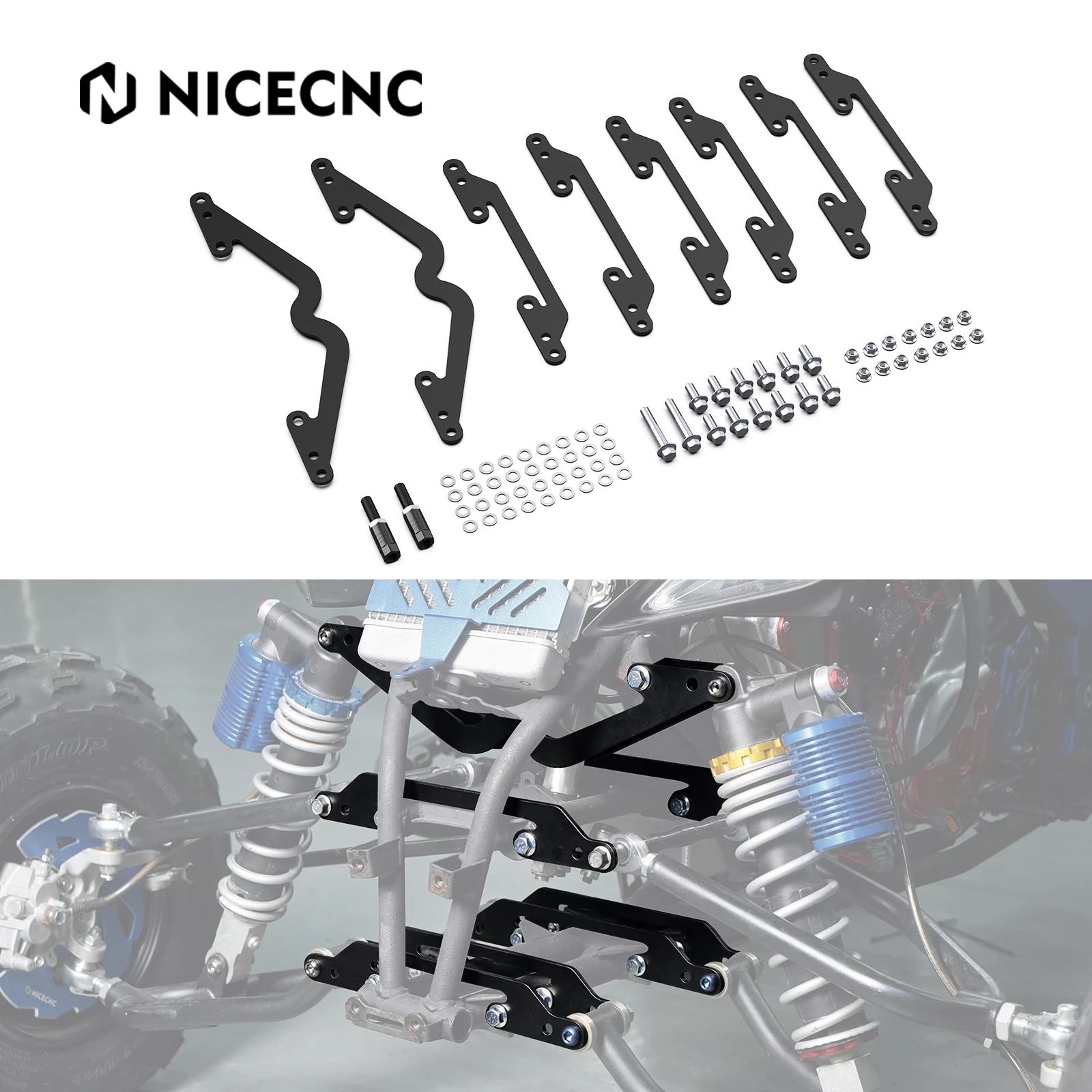 NICECNC Raptor 700 ATV A-arms & Shocks Widening Kit For Yamaha Raptor 700R 700 2016-2023 Q235 Carbon Steel & 7075-Aluminum