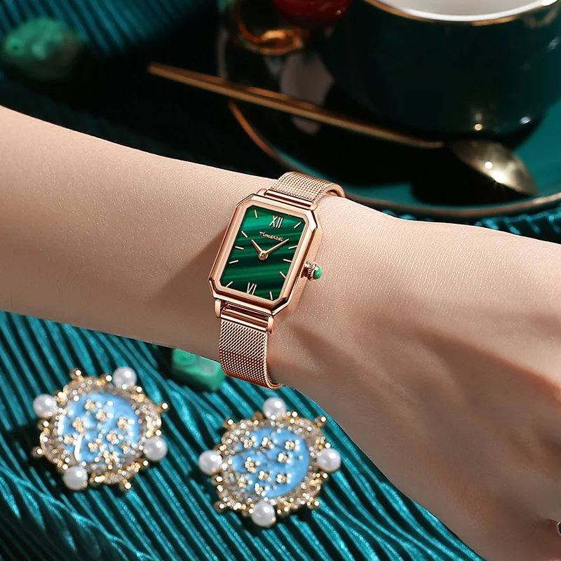 Top Brand Women Green Malachite Roma Vintage Ladies Wristwatches Drop shipping Stainless Steel Mesh Quartz Rose Gold Watches
