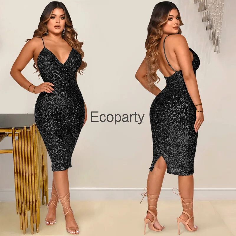 

Новинка 2023, женское пикантное модное однотонное платье на бретельках, с V-образным вырезом, без рукавов, с блестками, яркое облегающее вечернее платье, женские платья