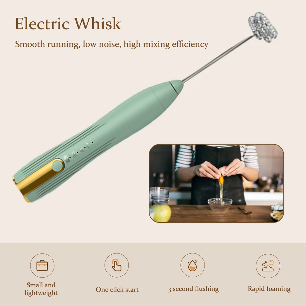 Electric Egg Beater 3 Speeds Mini Stirrer Whipper Stainless USB Rechargeable Adjustable 1500mAh with TYPE-C/Mixing Head Wireless 3