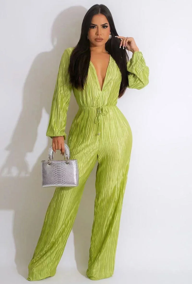 

WUHE Pleated Long Sleeve Deep V-neck Sashes Elastic Waist Sexy Jumpsuit 2024 Women Straight Wide Leg Playsuit One Piece Suit