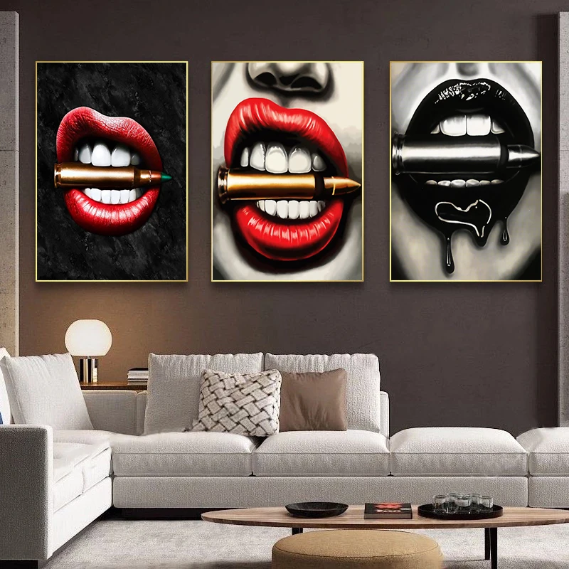 

Pop Art Sexy Red Lips Golden Bullet Poster Mural Print Fashion Woman Canvas Art Wall Picture Painting Modern Home Decoration