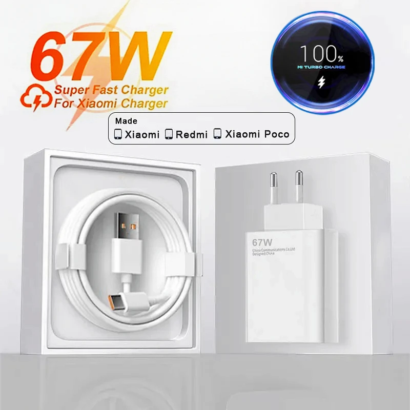 6A 67W Fast Wall Charger For Xiaomi 10 11 12 Lite 13 14 15 Redmi Note 11T 12T 13 Pro POCO Turbo Charge Type-C USB Charging Cable