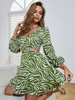 Glamaker Green stripes long sleeve hollow out ruffle dress women Sexy V-neck backless lace up mini dress Holiday A-line vestidos 11