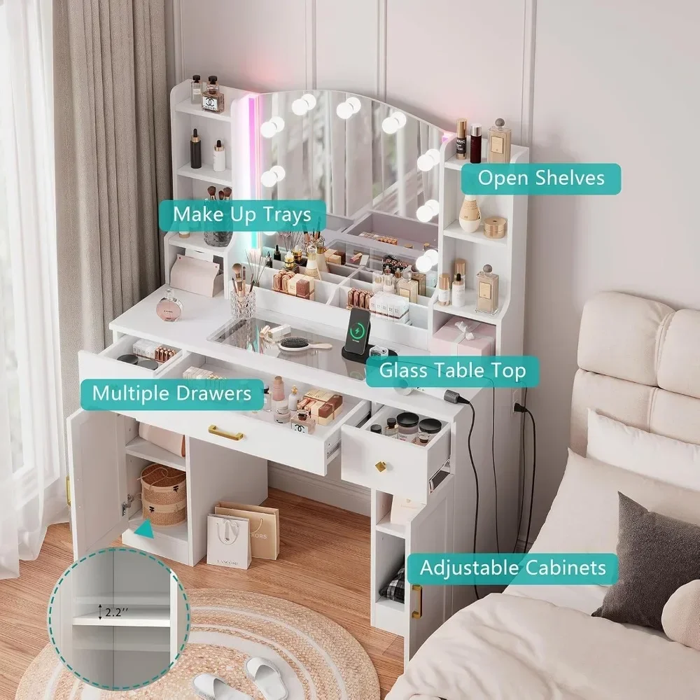 Desk with Mirror and Lights, Large Vanity Table with Charging Station LED Lights, Glass Tabletop Cabinets