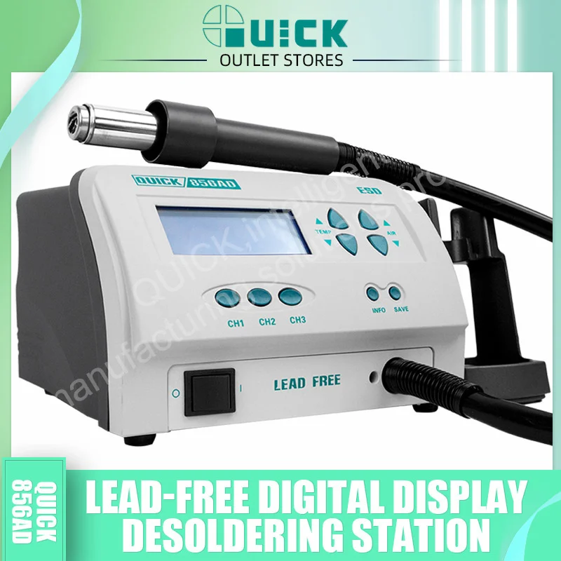 

Quick 856AD Hot Gun SMD Solder Station Iron Hot Air Soldering lead-free digital display desoldering station rework station